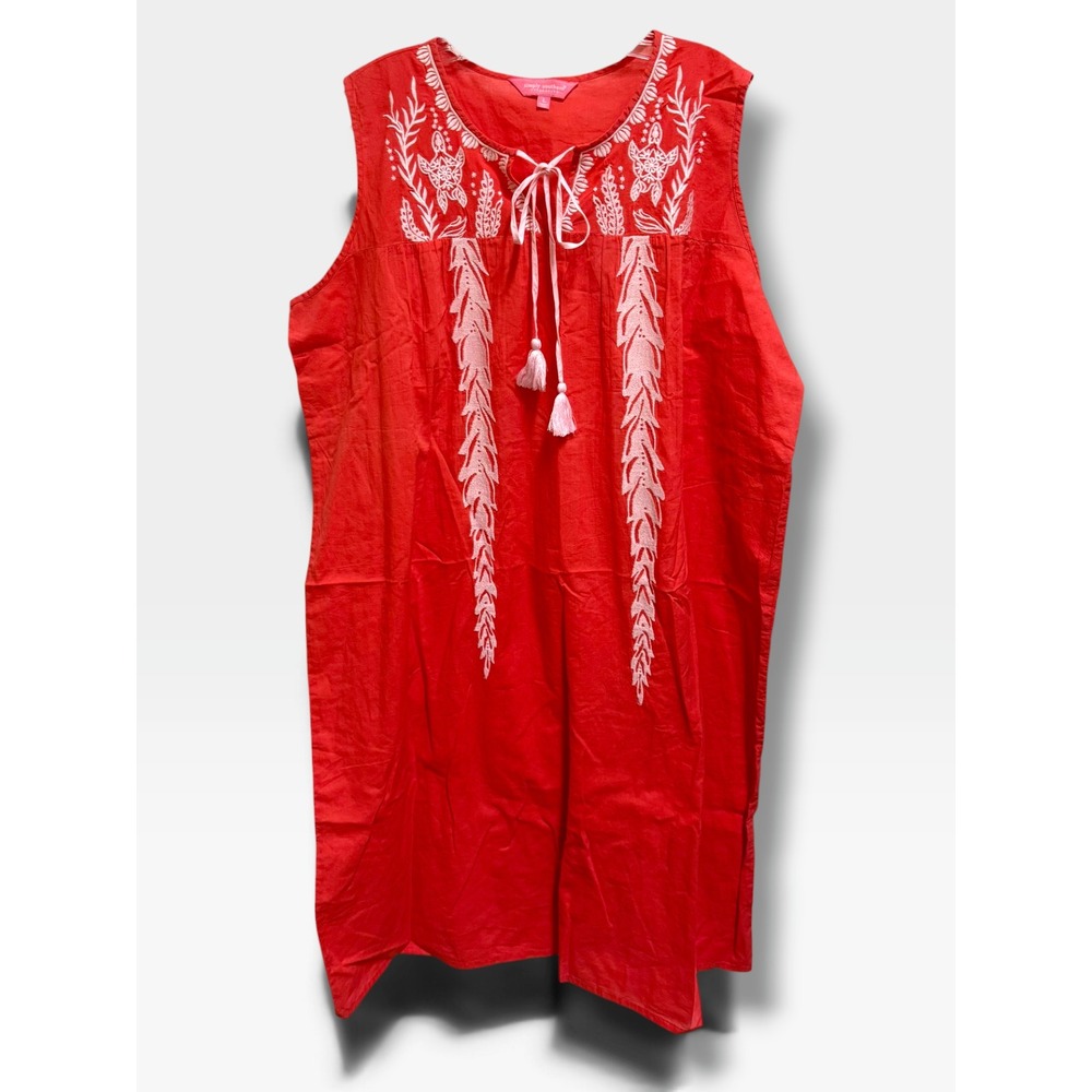 Simply Southern Coral Cherry Embroidered Tassel Shift Dress Large L NEW